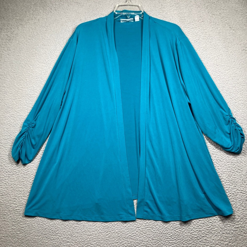 Susan Graver Cardigan Women 2X Teal Blue Ruched Sleeve Liquid Knit Open Front